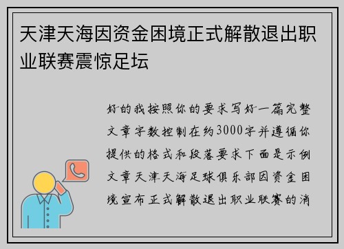 天津天海因资金困境正式解散退出职业联赛震惊足坛