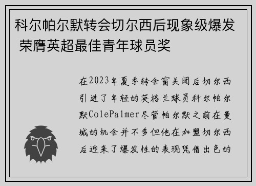 科尔帕尔默转会切尔西后现象级爆发 荣膺英超最佳青年球员奖