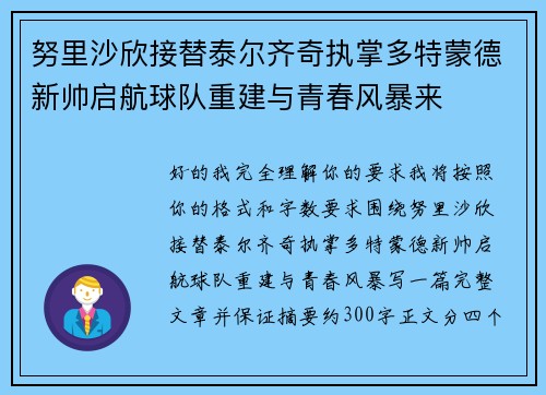 努里沙欣接替泰尔齐奇执掌多特蒙德新帅启航球队重建与青春风暴来