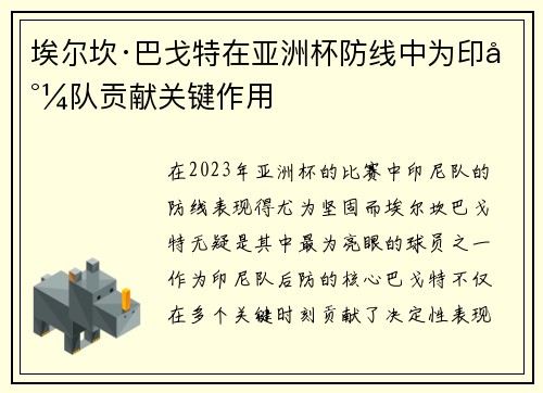 埃尔坎·巴戈特在亚洲杯防线中为印尼队贡献关键作用